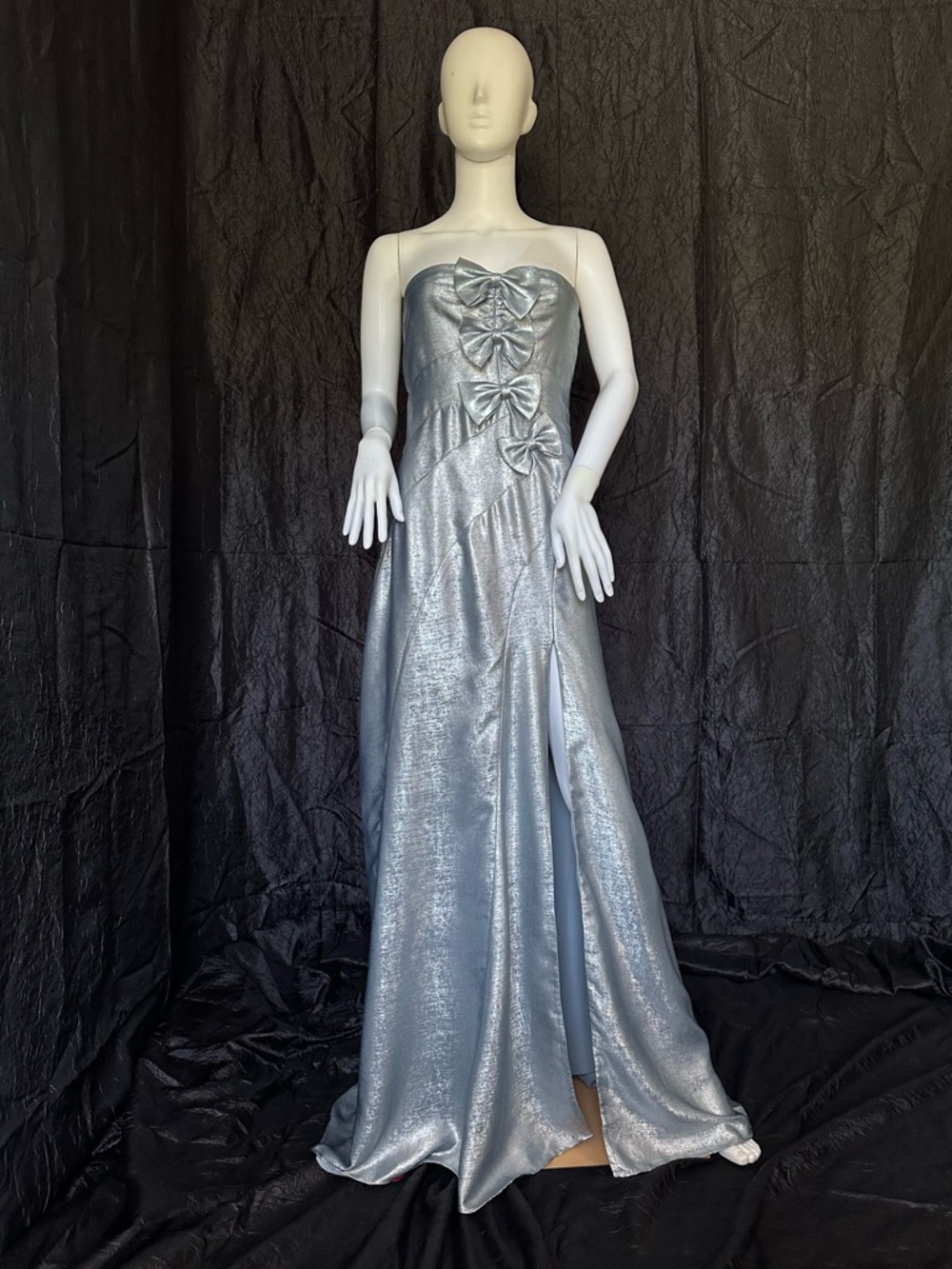 LoveShackFancy Metallic Silver Strapless Bow-Accent Maxi Dress